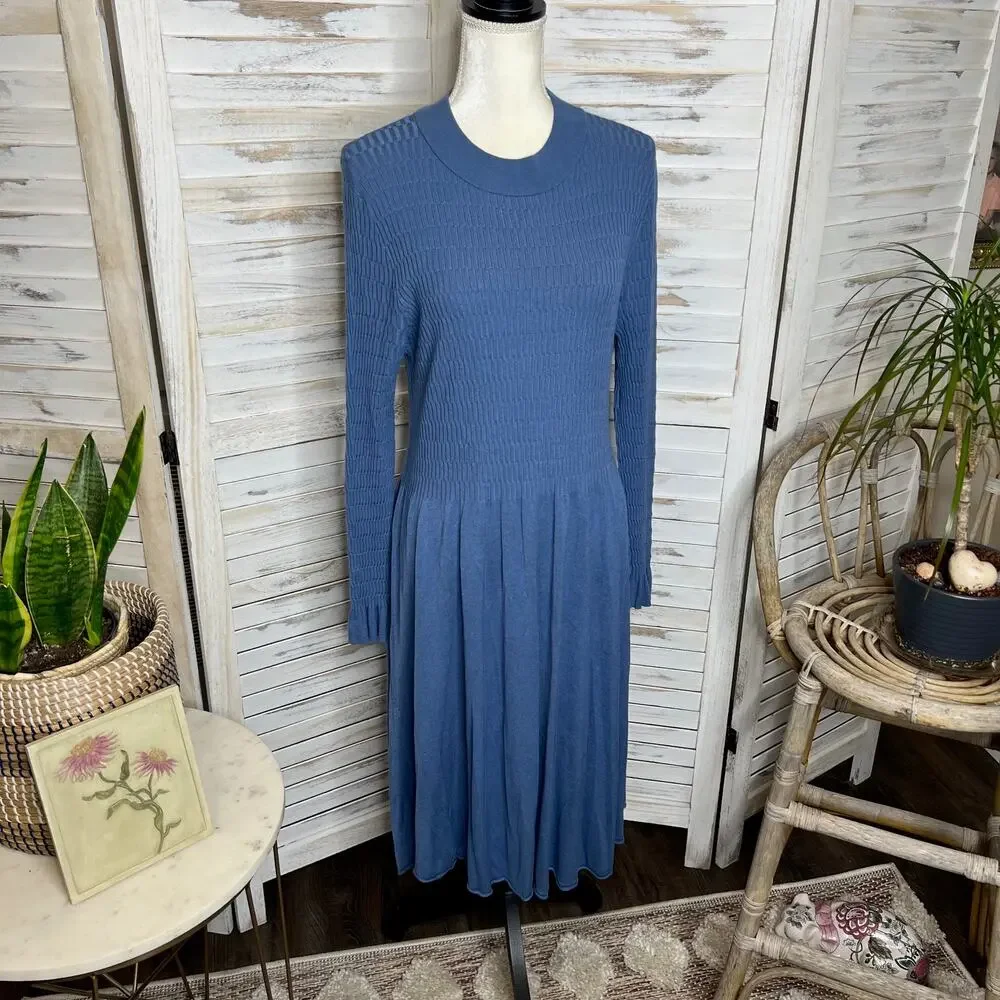 SUNDANCE Nature's Hue High Neck Ruffle Sleeve Midi Dress Blue Medium - Picture 4 of 14
